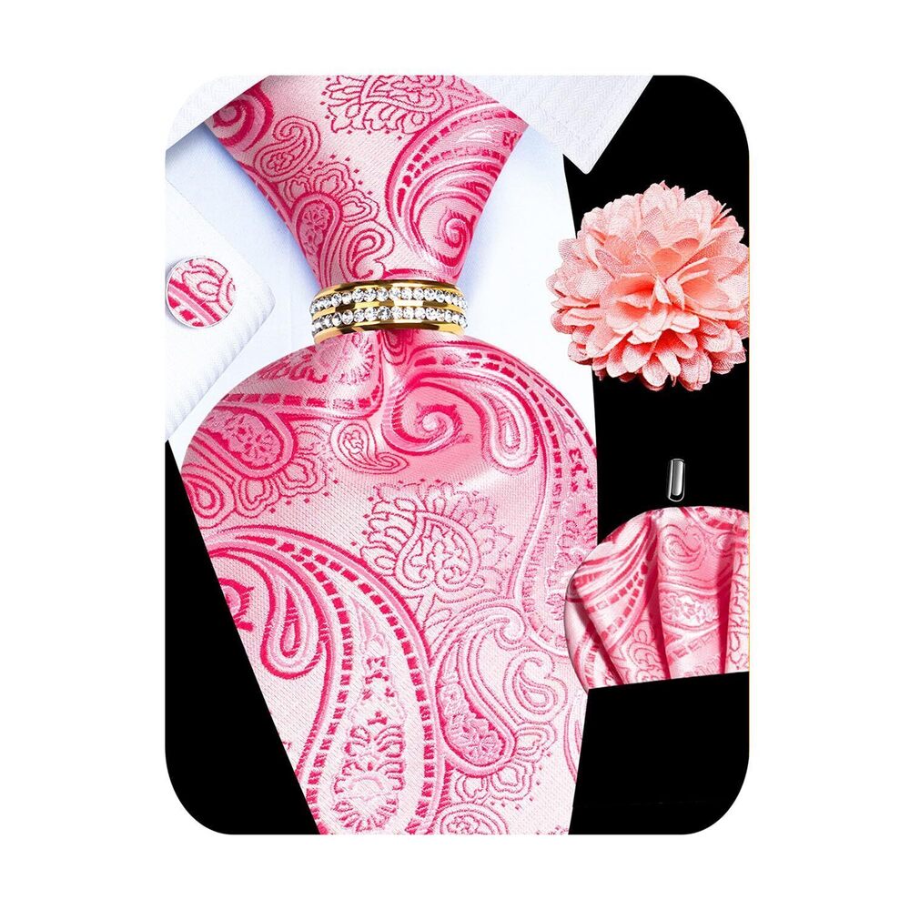 9775 5PCS Pink Paisley Silk Designer Tie, Pocket Square, Cufflinks, Drilled